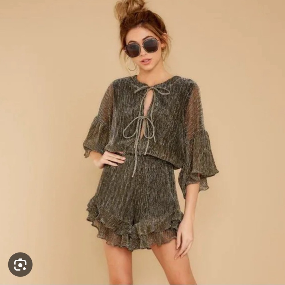 Womens Storia Silver and Gold Ruffled Romper with Two Bows from Red Dress